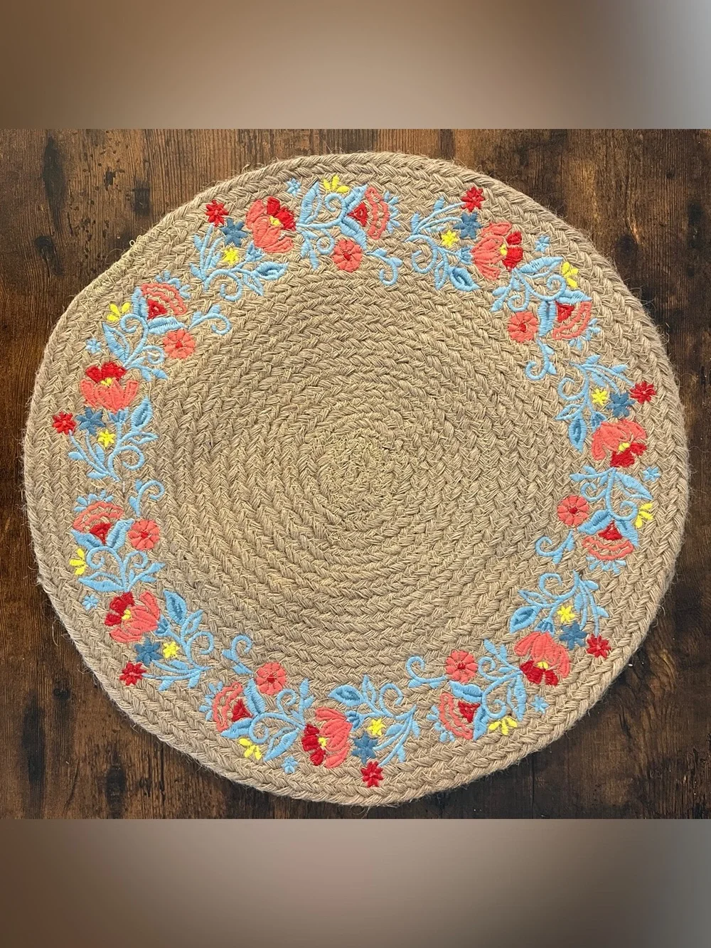 Lot of 2 Pioneer Woman Sweet Rose Embroidered Jute Round Placemats, 15